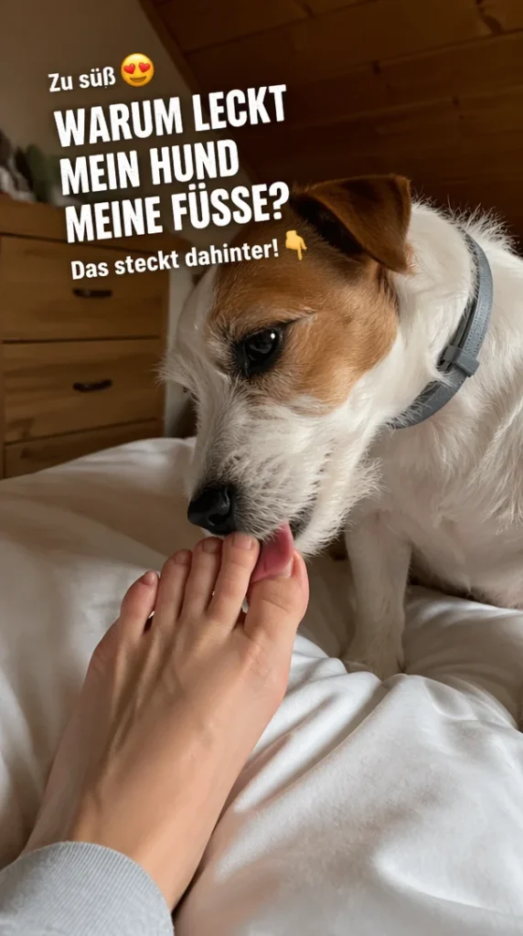 Hund leckt Füße und zeigt Zuneigung und Interesse an seinem Halter.