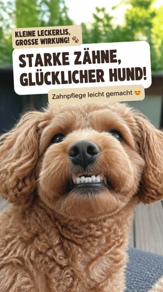 Hund mit gesunden Zähnen, der ein Zahnpflege-Leckerli genießt