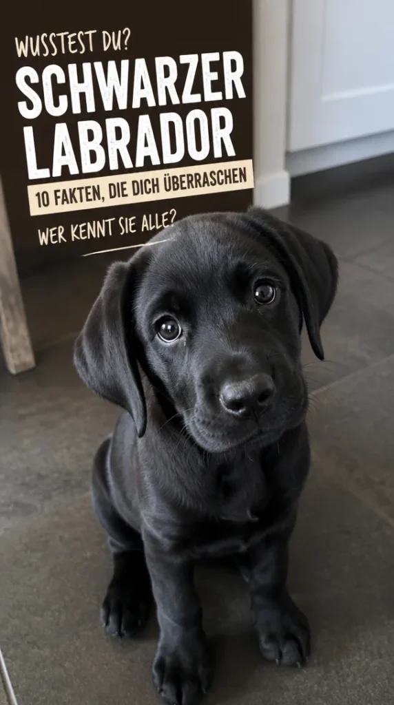 Schwarzer Labrador sitzt in einem Garten und schaut neugierig.